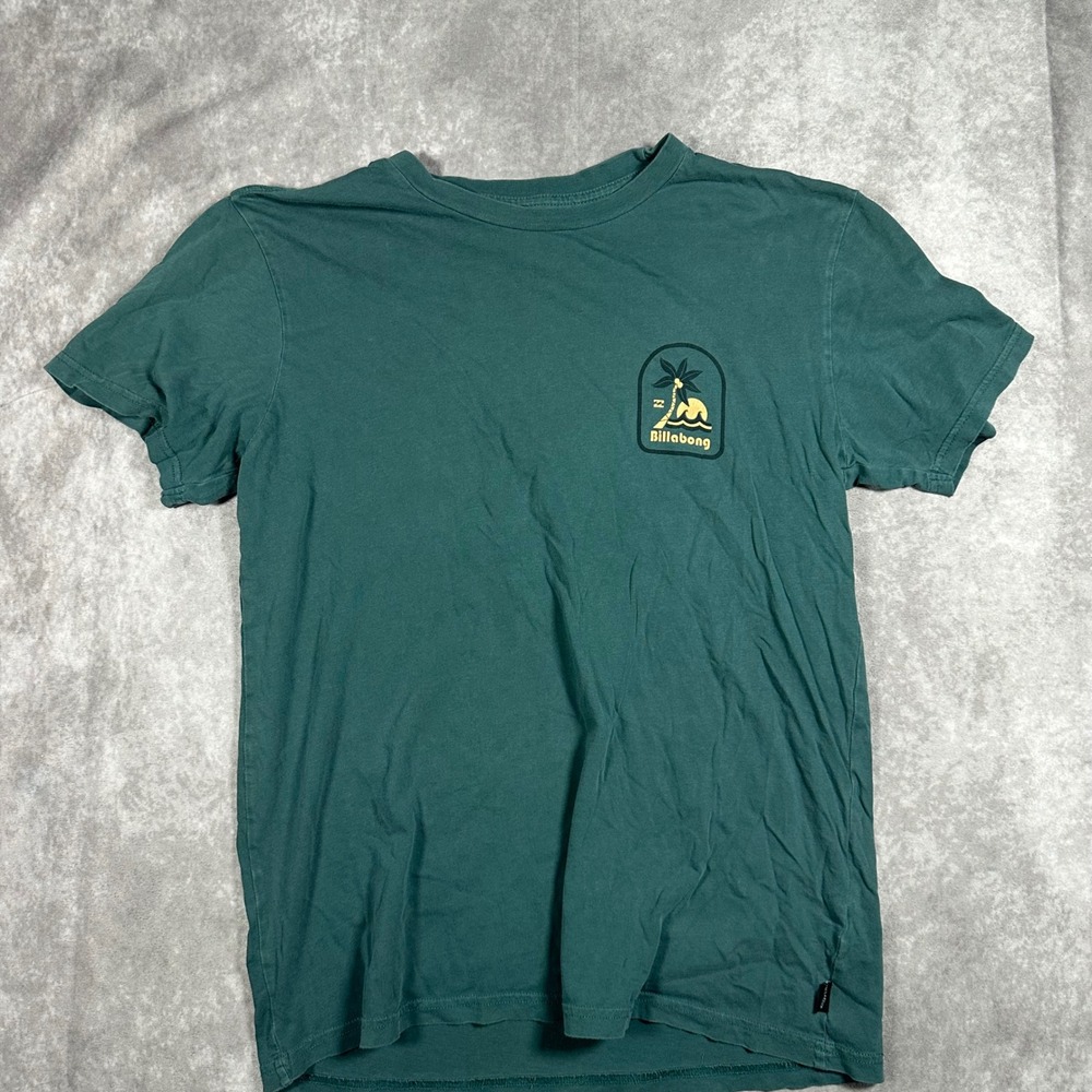 Billabong Mens Small Green Wave Washed Graphic T-Shirt S Palm Tree Sun Beach Tee